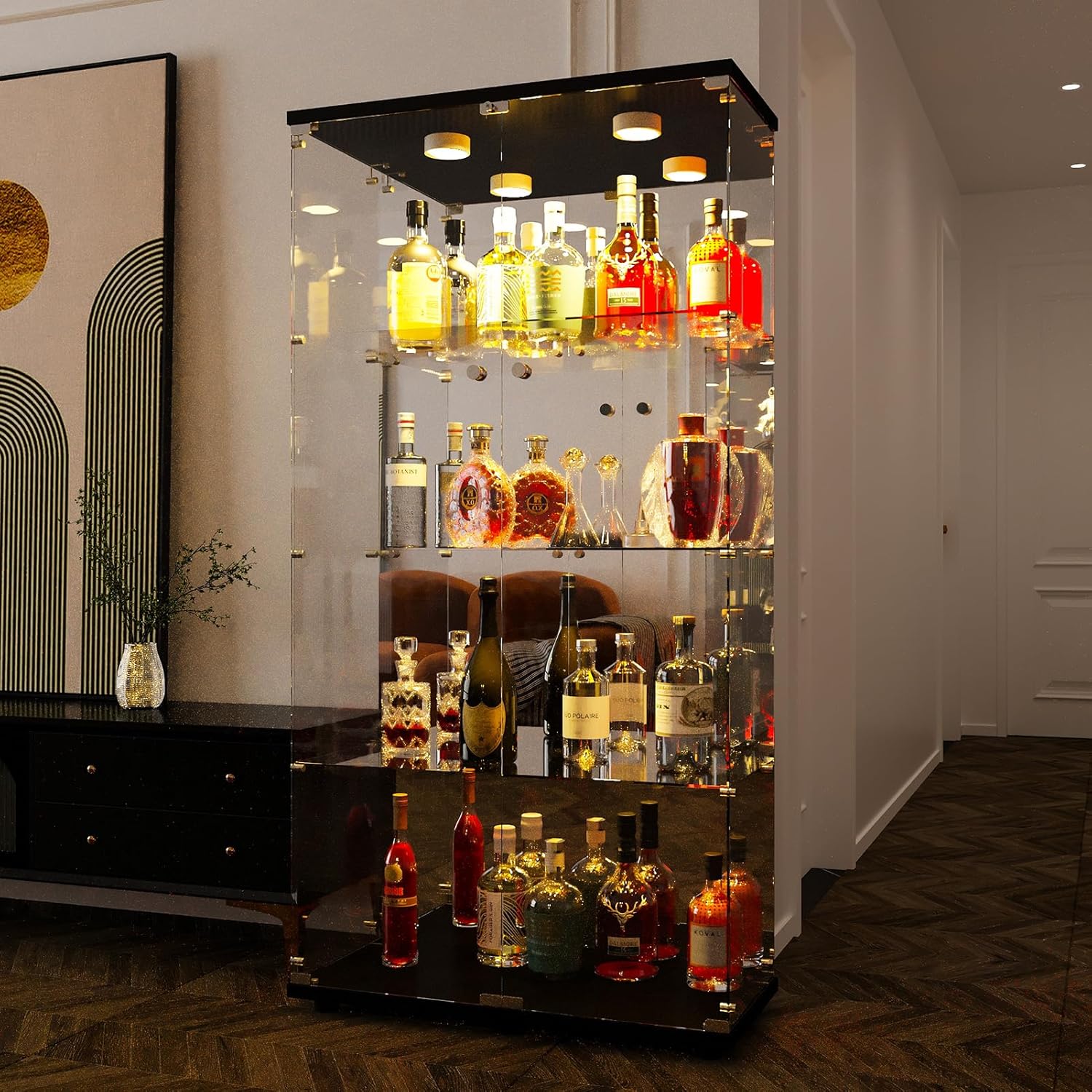 Vitrina Cristal Expositora con Luz, Puerta Cerradura, 4 estantes - Grande Vitrina de Colecciones,Vitrina de pie para Sala Oficina(Espalda Espejo)