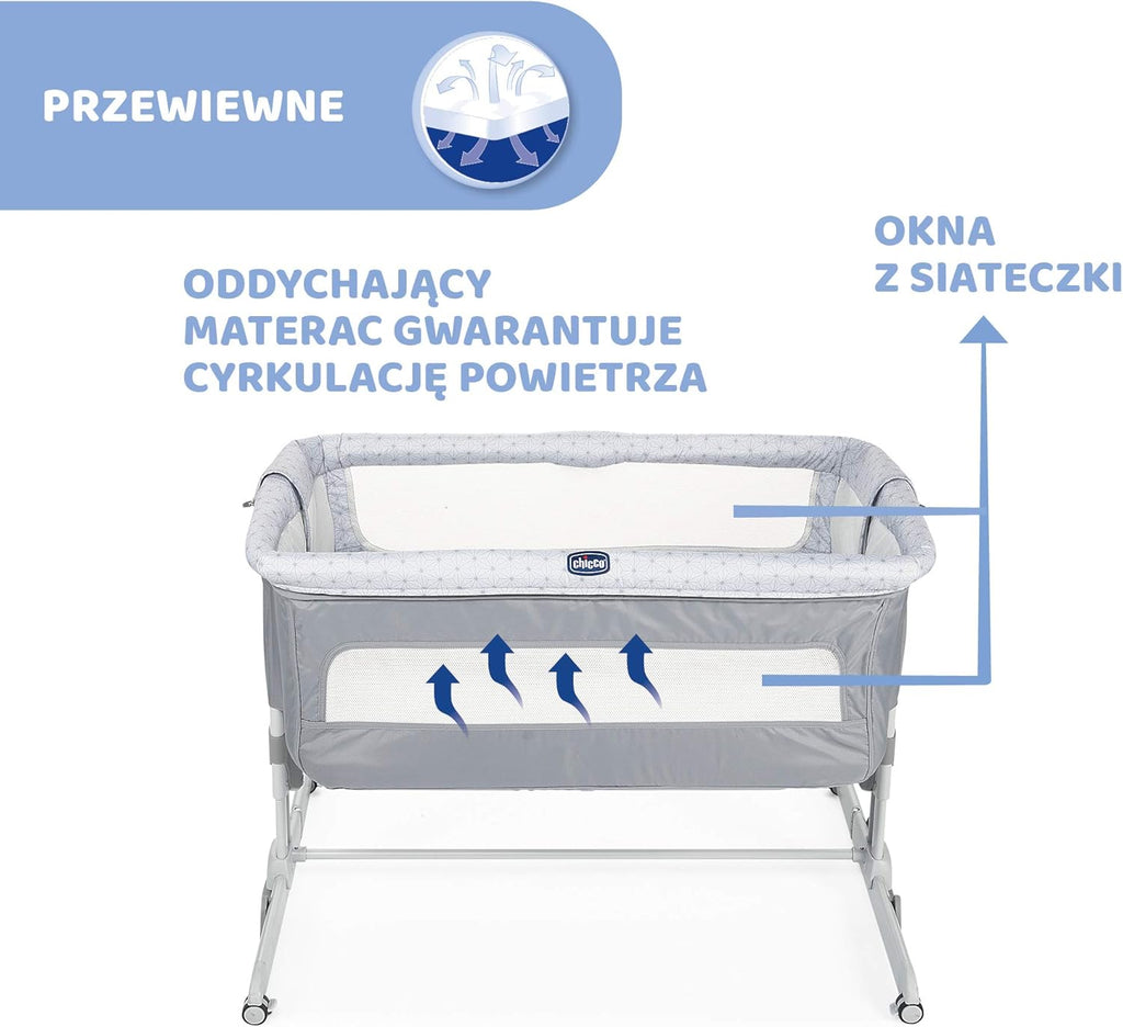 Chicco Next2Me Dream Łóżeczko Dostawka - Do Wspólnego Spania z Dzieckiem, Materac, Funkcja Bujania, Otwierany Bok, Regulacja Wysokości, Okienka z Siateczki, Kółka i Torba Podróżna, 0-6 miesięcy, 9 kg