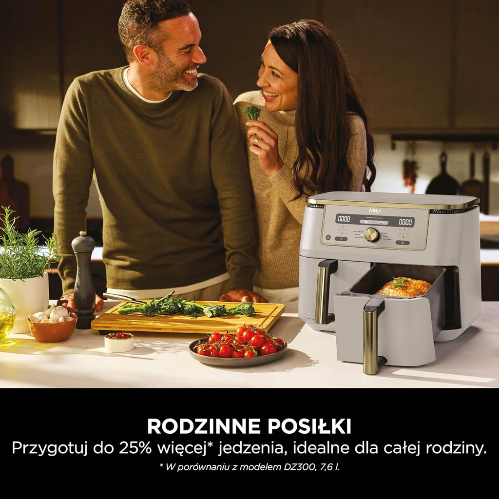 Ninja MAX Dwustrefowa frytkownica, 2 szuflady, 9,5 l, zero oleju, Air Fry, Max Crisp, Roast, Bake, Reheat, Dehydrate, nieprzywierające kosze do mycia w zmywarce, Złoty odcień kamienia, DZ400EUSTGD