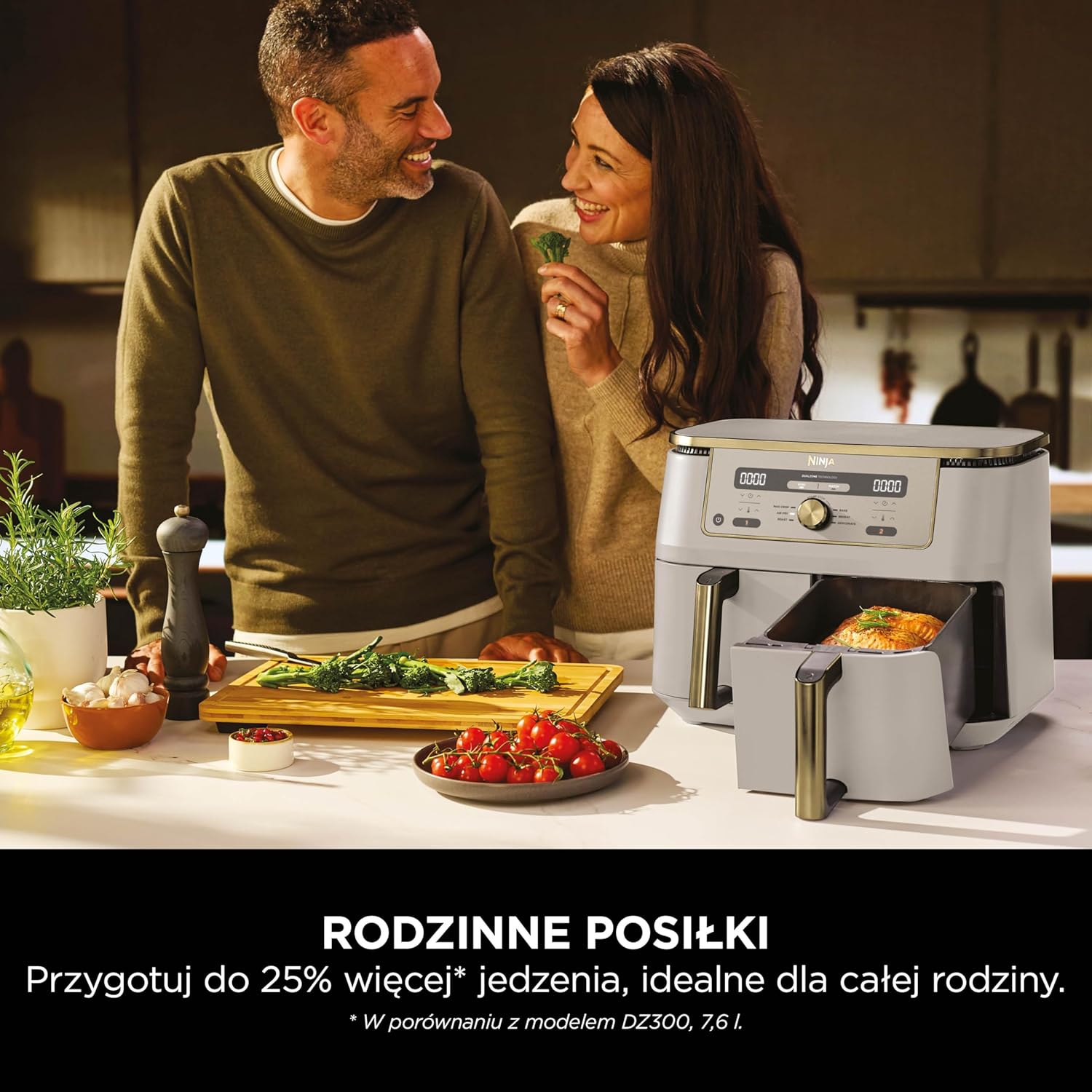 Ninja MAX Dwustrefowa frytkownica, 2 szuflady, 9,5 l, zero oleju, Air Fry, Max Crisp, Roast, Bake, Reheat, Dehydrate, nieprzywierające kosze do mycia w zmywarce, Złoty odcień kamienia, DZ400EUSTGD