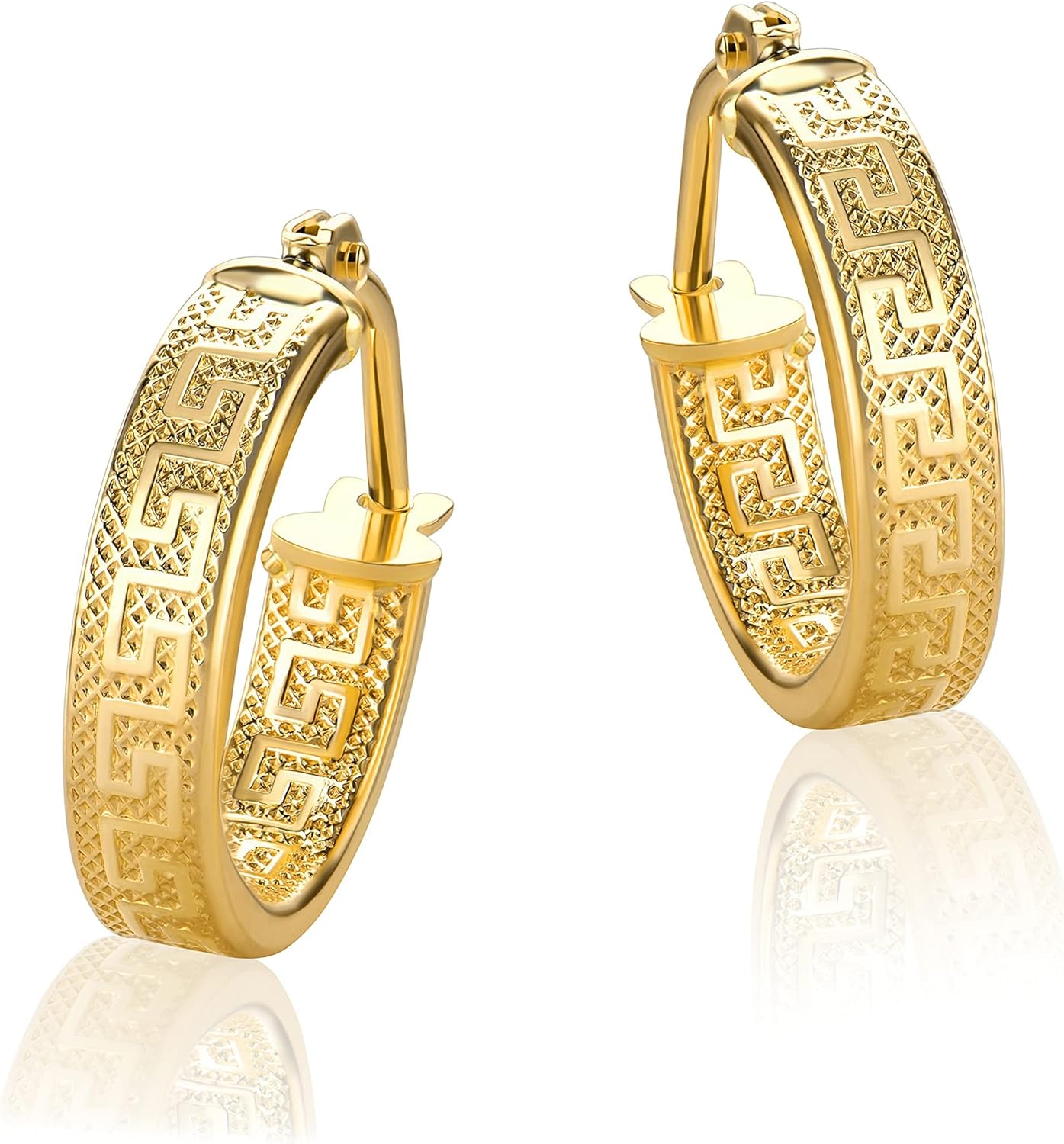 Pequeños pendientes de aro con llave griega de oro amarillo de 18 quilates/750 diamantados (2 x 14 mm Ø) - PRI37A