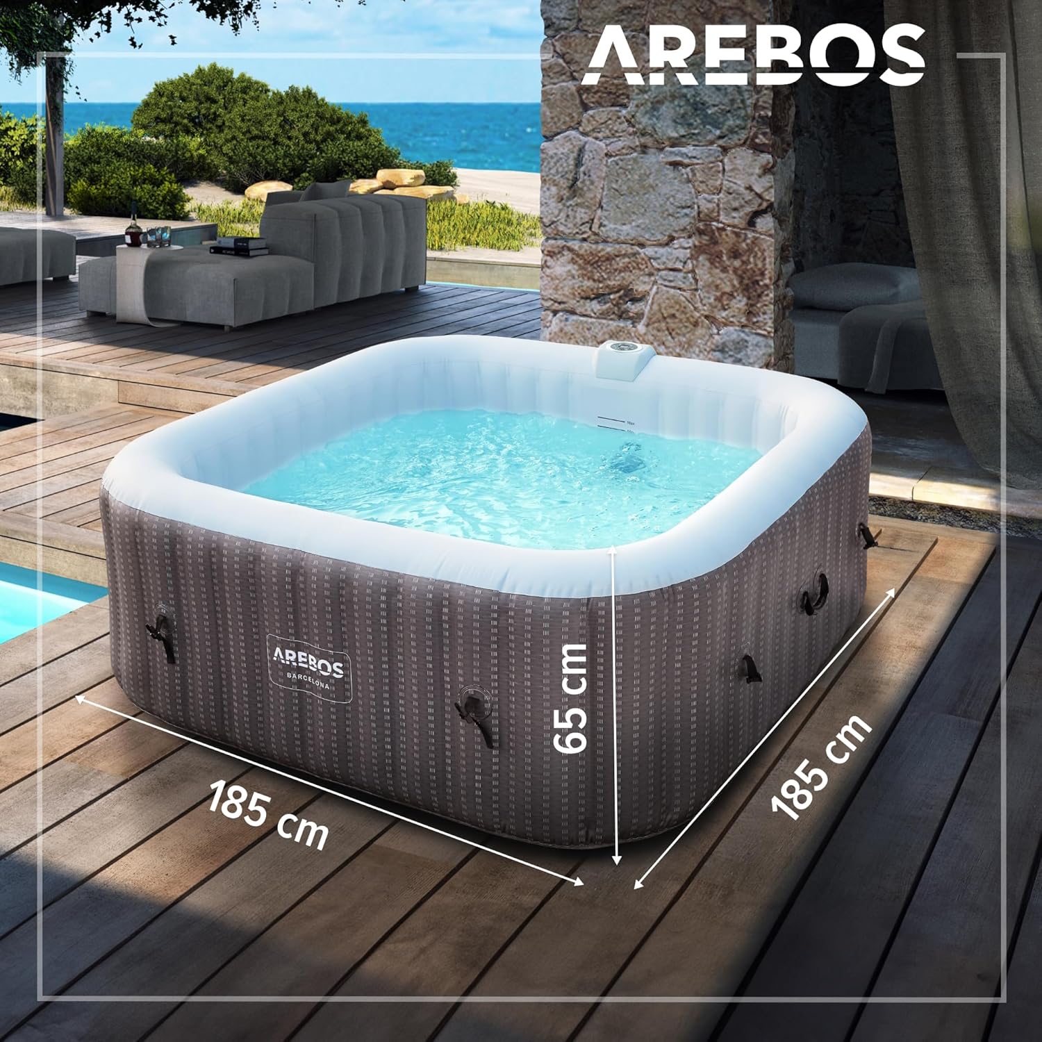 Arebos Spa whirlpool 2400W | Outdoor swimming pool | for 6 people 185 x 185 cm | 130 massage jets | 910 L with heating | Push button inflation function | Incl. cover | Bubble Spa & Welln