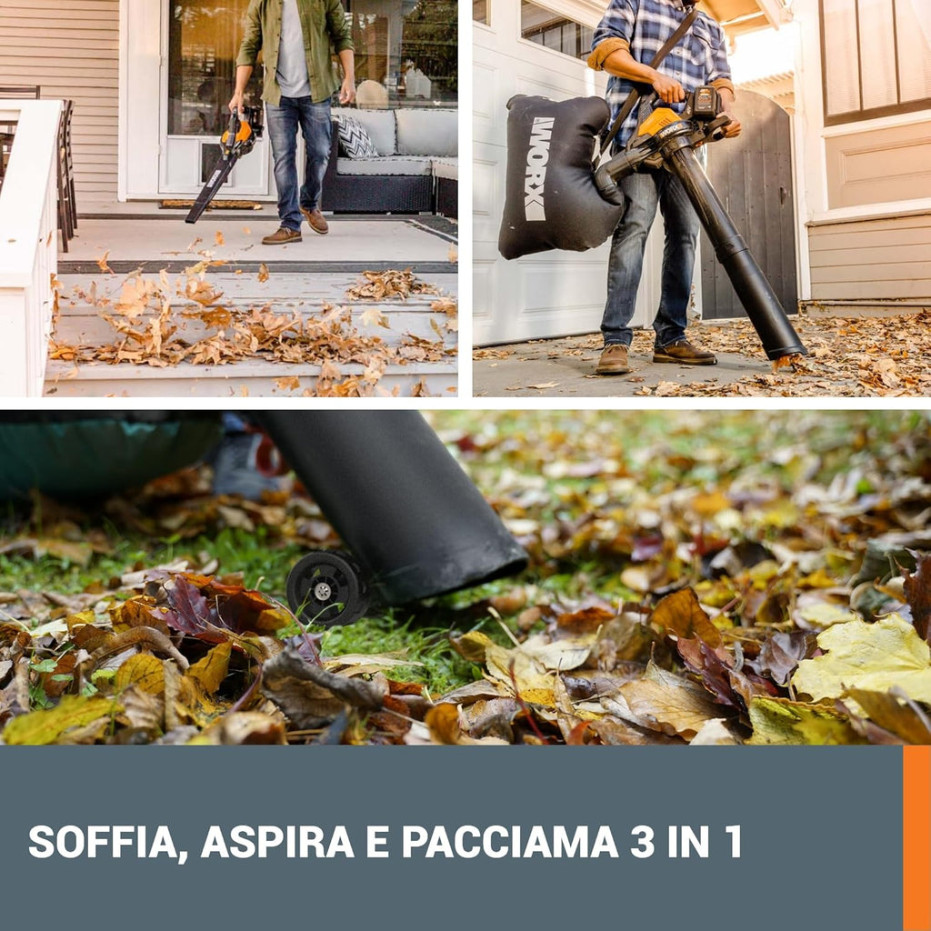 WORX Aspirador de Hojas 40V Máx. 2x20V | WG583E | PowerShare |Incluye 2 baterías y Cargador Doble |2 en 1 Recoger y aspirar – Bolsa de 35 L | Incluye Toberas | Ligero