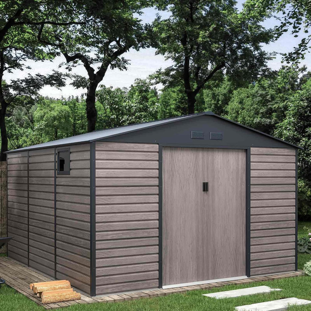 Gardiun Caseta Metálica Surrey 13 m2 Exterior 340x382x226 cm de Acero con Ventana Lateral y Efecto Madera Veteada