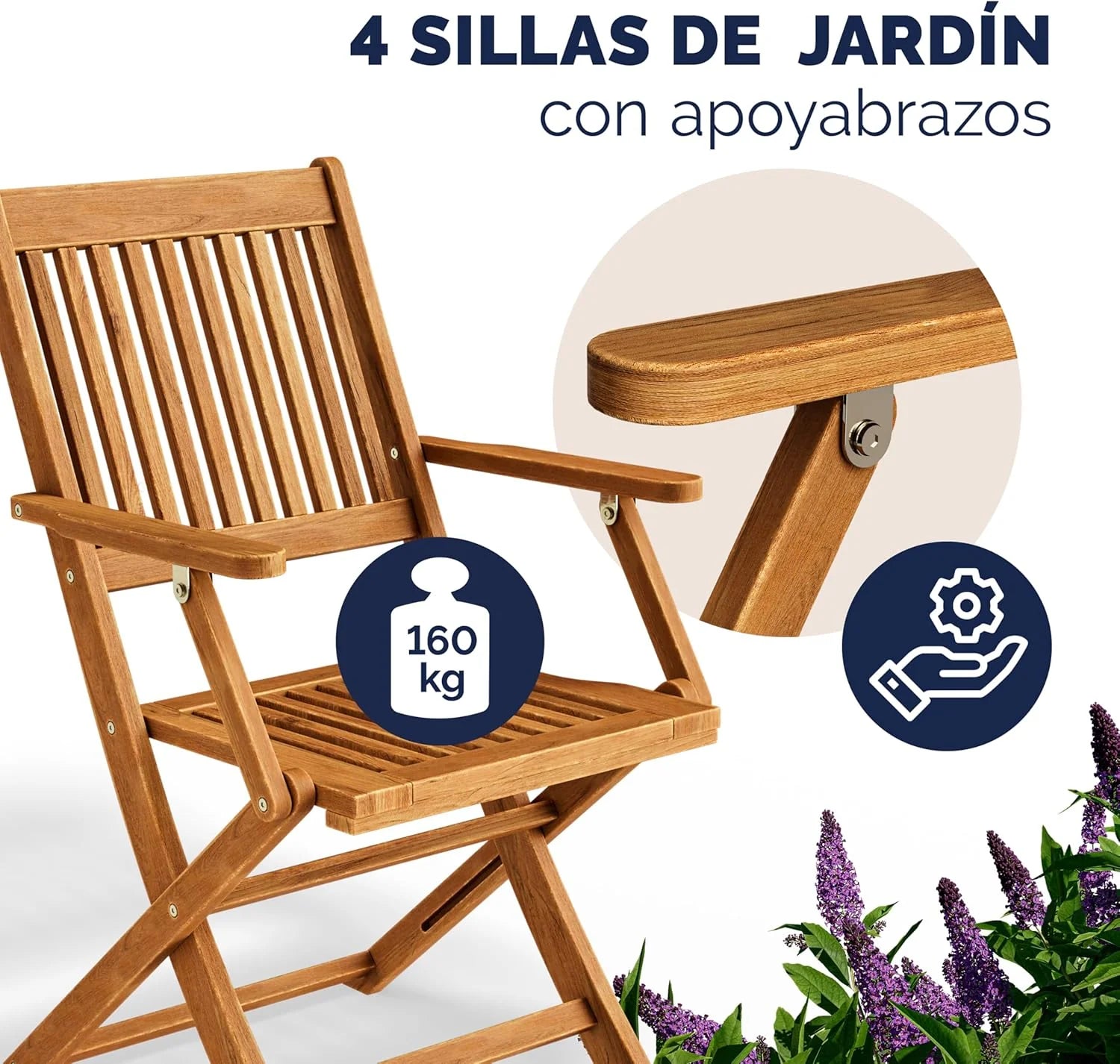 CASARIA® FSC® Outdoor Garden Table Set of 4 Chairs Acacia Wood Dining Set Patio Terrace Balcony Set 5 Pieces Folding Table Seats Armrests Durable Weather Resistant 120 x 70 cm