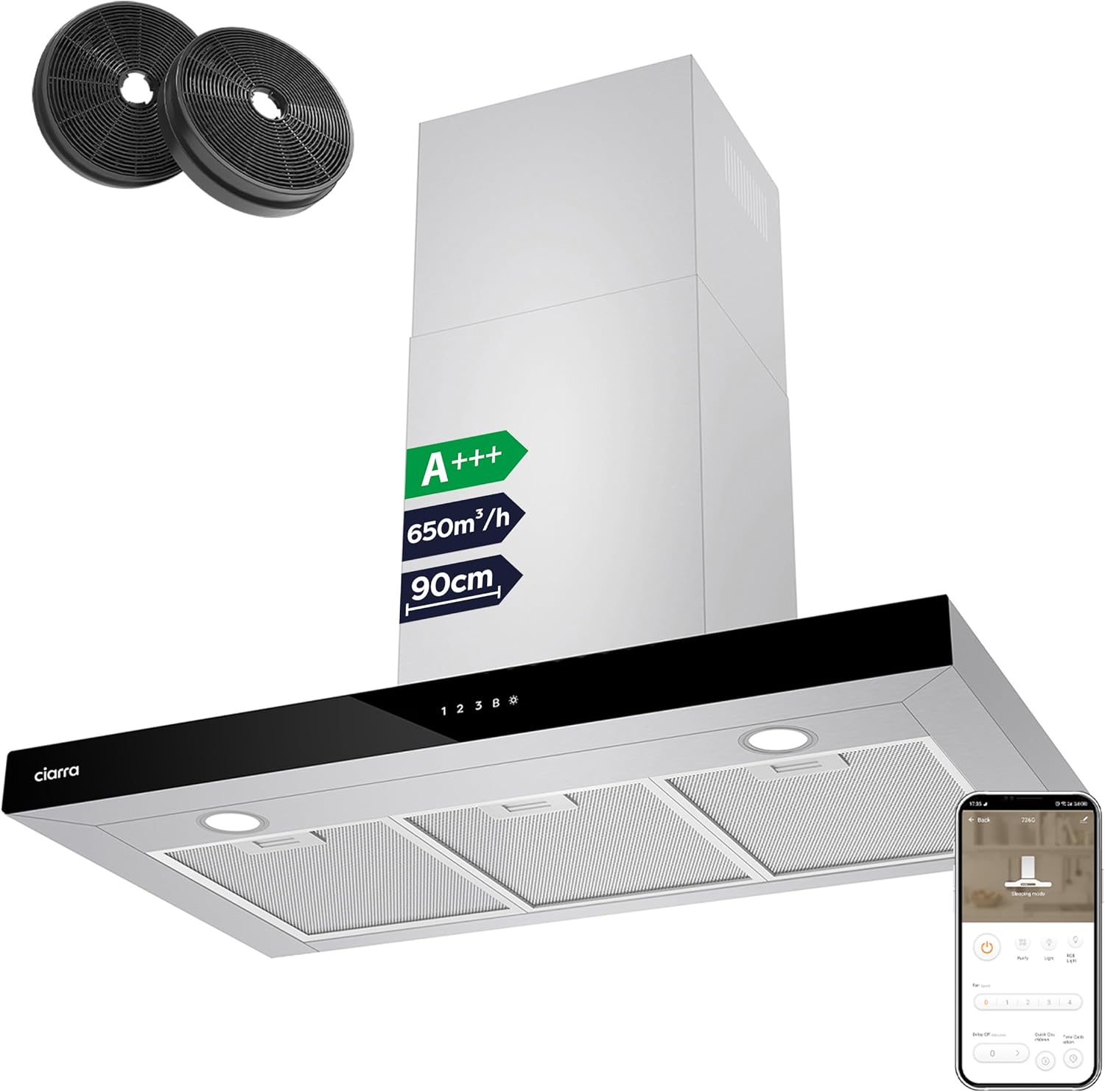 CIARRA CBCS9102 Campana Extractora 90 cm Clase A+++ 650 m³/h WIFI Control Táctil 4 Velocidades Evacuación al Exterior y Recirculación Interna por Filtro de Carbón CBCF003