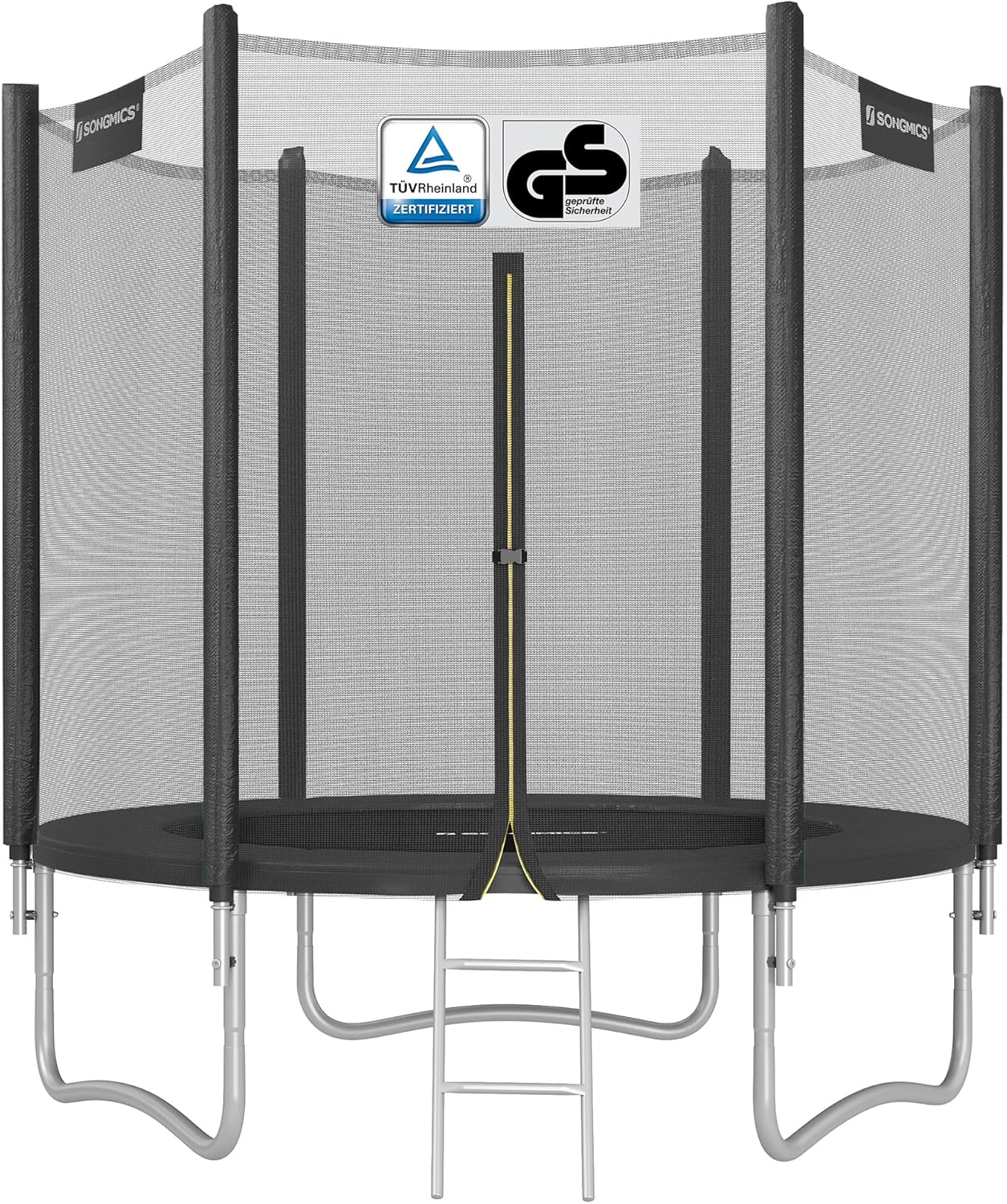 SONGMICS - Children's Outdoor Trampoline Diameter 183/244/305/366/427 cm, External Protection Net, Safety Cushions, Ladder, Straight Post 180 cm High, Steel Frame