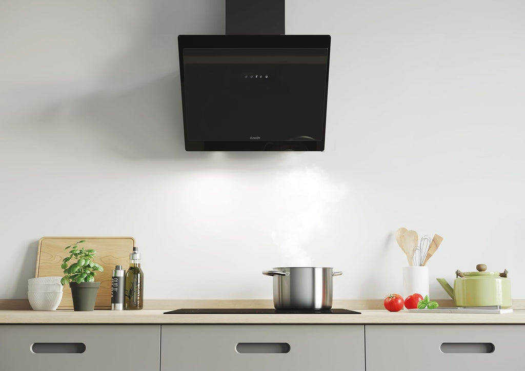 Candy CDG6CBP8B, Campana Decorativa 60 CM, 4 Niveles de Potencia, 611 M3/H, Control táctil, Filtros de Aluminio Antigrasas y Filtros de Carbono Incluidos, Iluminación LED, 62DB, Negro