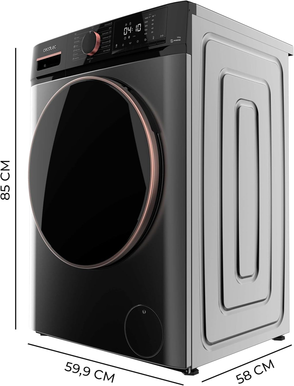 Cecotec Lavadora 10Kg Carga Frontal Bolero DressCode 10610 Inverter Steel A. 1400 RPM, Steam Max, Motor Inverter Plus, 15 Programas, OnSmart, Smooth Wash, Stop&Go, Goma Antibacteriana, Drum Clean