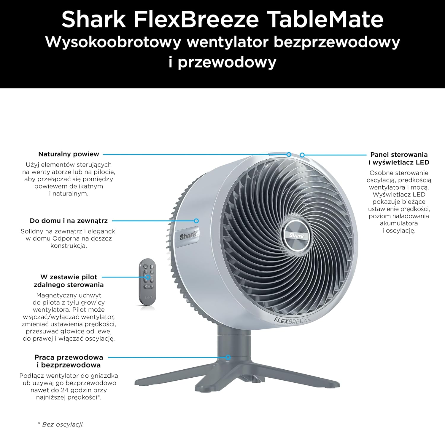 Shark FlexBreeze TableMate Wentylator bezprzewodowy wewnętrzno-zewnętrzny, do 24 godz. pracy, wydajne chłodzenie, zasięg 20 m, cichy, 5 szybkości, oscylacja, zdalne sterowanie, zimowa mgła, FA150EU