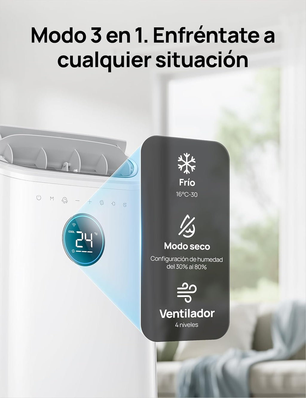 DREO Aire Acondicionado Portátil de 10000 BTU para Habitación, Refrigeración sin Drenaje, Silencioso, Control por Aplicación/Voz, Temporizador de 24 Horas, con Ventilador y Deshumidificador