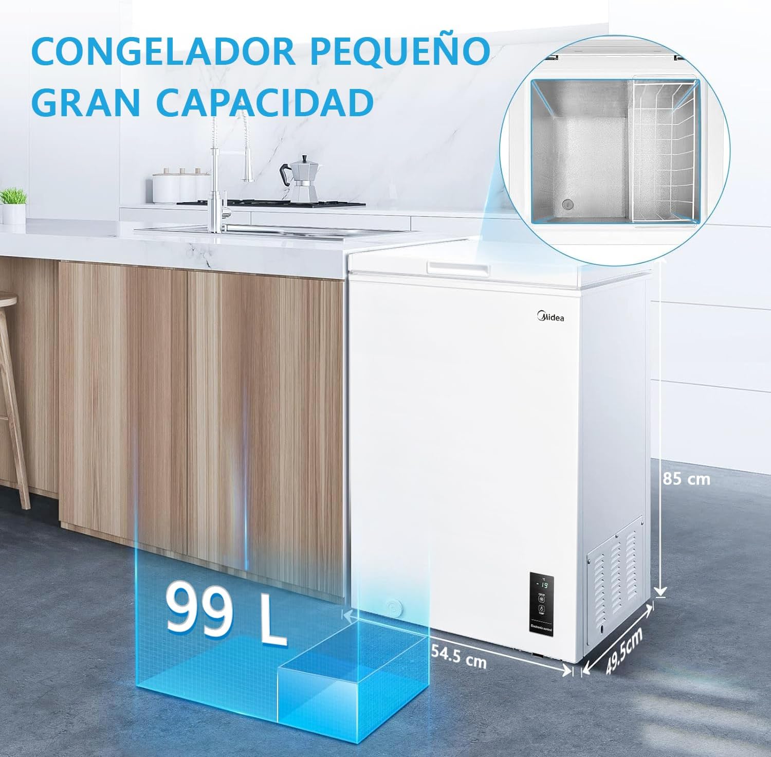 MIDEA Arcon Congelador Pequeño Horizontal de 99L, Motor Inverter, Control Electrónico de Temperatura, Tecnologia D-TYPE Tube, Cestas con Asa, Easy Move, Silencioso 39dBA, Bajo Consumo, Blanco