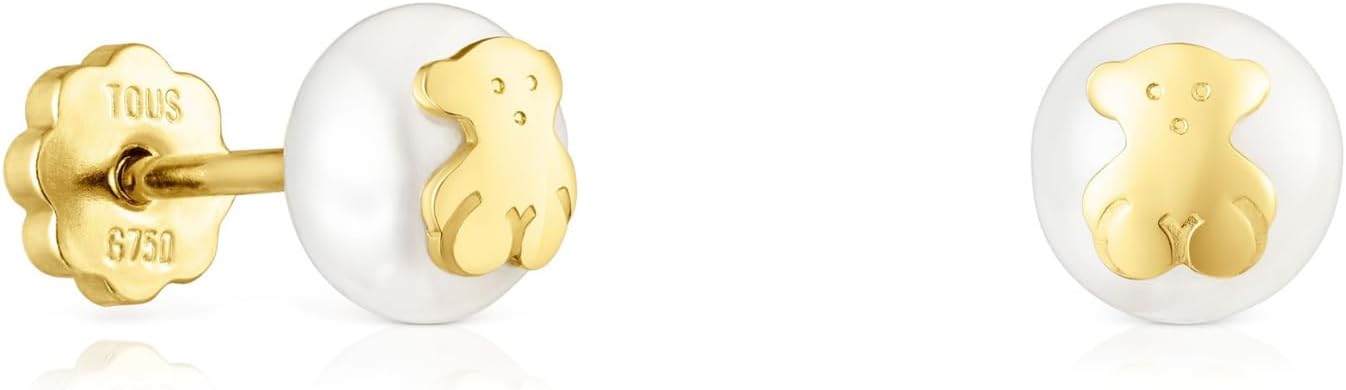 TOUS Pendientes de Oro de 18kt para Bebé con Perla Cultivada 0,6 cm y Motivo 0,45 cm, con Cierre de Rosca, Elegante y atemporal, Colección Icon Pearl