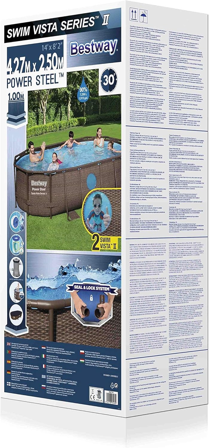 BESTWAY - Piscina Desmontable Tubular Power Steel 427x250x100 cm Depuradora Cartucho 2.006 l/h Escalera y Cobertor Diseño Rattan