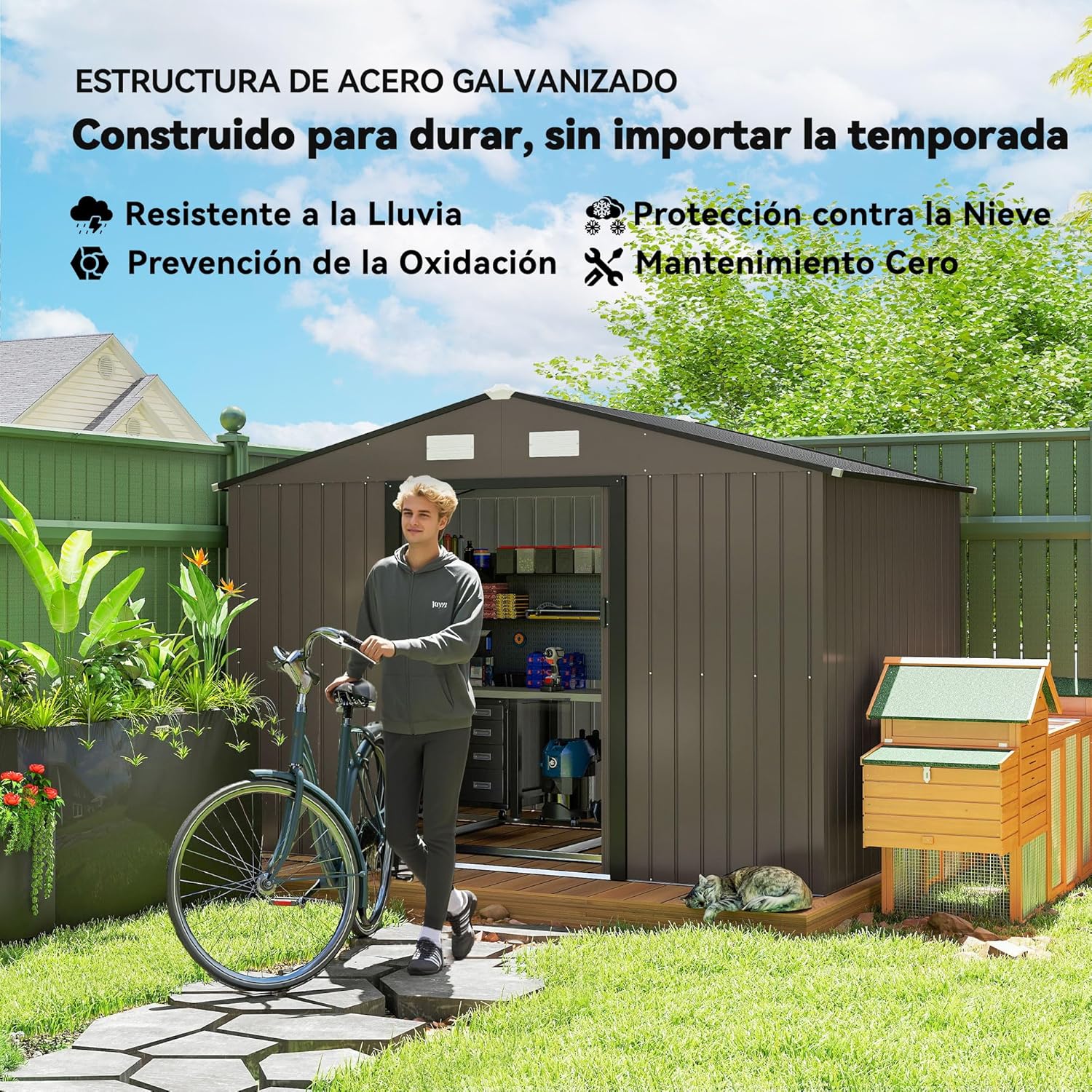 Outsunny Caseta de Jardín Exterior, 5 m² 277x195x192 cm, Cobertizo de Jardín Exterior Metálico con 2 Puertas Correderas, Base Refuerzo (Suelo NO Incluido) y 4 Ventanas, Marrón