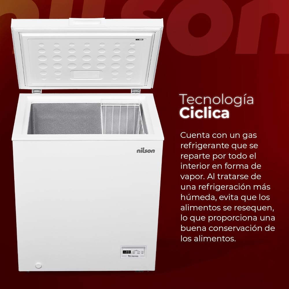 Nilson Congelador Horizontal Blanco NCH1500EDC. Capacidad 142 Litros, Dual Cooling, 4 Star, Modo Super Congelación, Tecnología Cíclica, Puerta Abatible, 1 Cesta, Bajo nivel Sonoro