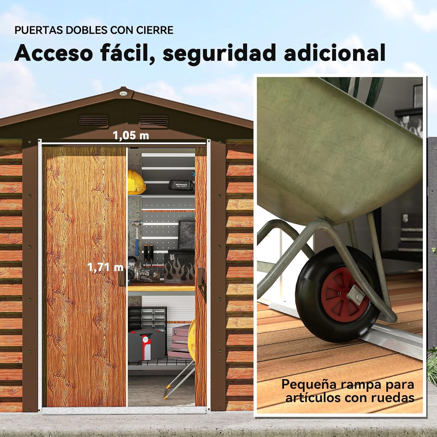 Outsunny Caseta de Jardín Exterior 3 m² 235,7x152x208,7 cm Cobertizo de Jardín Exterior Metálica con 2 Puertas Corredizas y 4 Ventanas para Almacenamiento de Herramientas Efecto Madera Natural y Café
