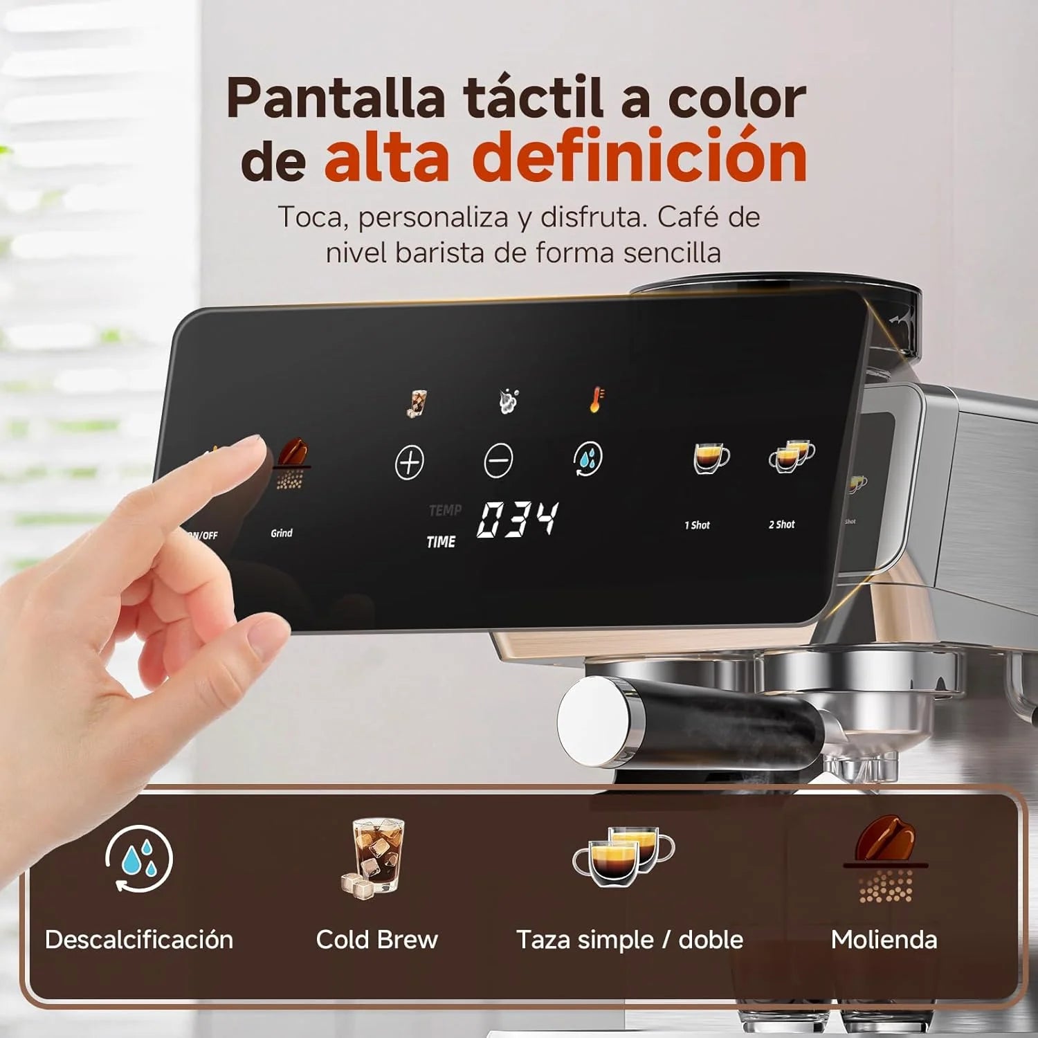 AMZCHEF Espresso Maker with Built-in Grinder 20 Bars – Coffee Machine with 44 Grinding Settings, Milk Steamer, 4 Temperatures, Cold Coffee Function, Stainless Steel, 1.8L Tank