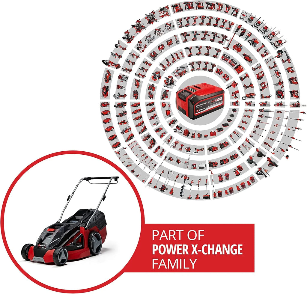 Einhell Battery mower GE-CM 43 Li M Kit Power X-Change (36V, 43 cm Cutting Width, up to 600 m², Brushless, Mulching Function, 63L Collecting Bag, with 2 x 4.0 Ah Batteries and 2 x Chargers)