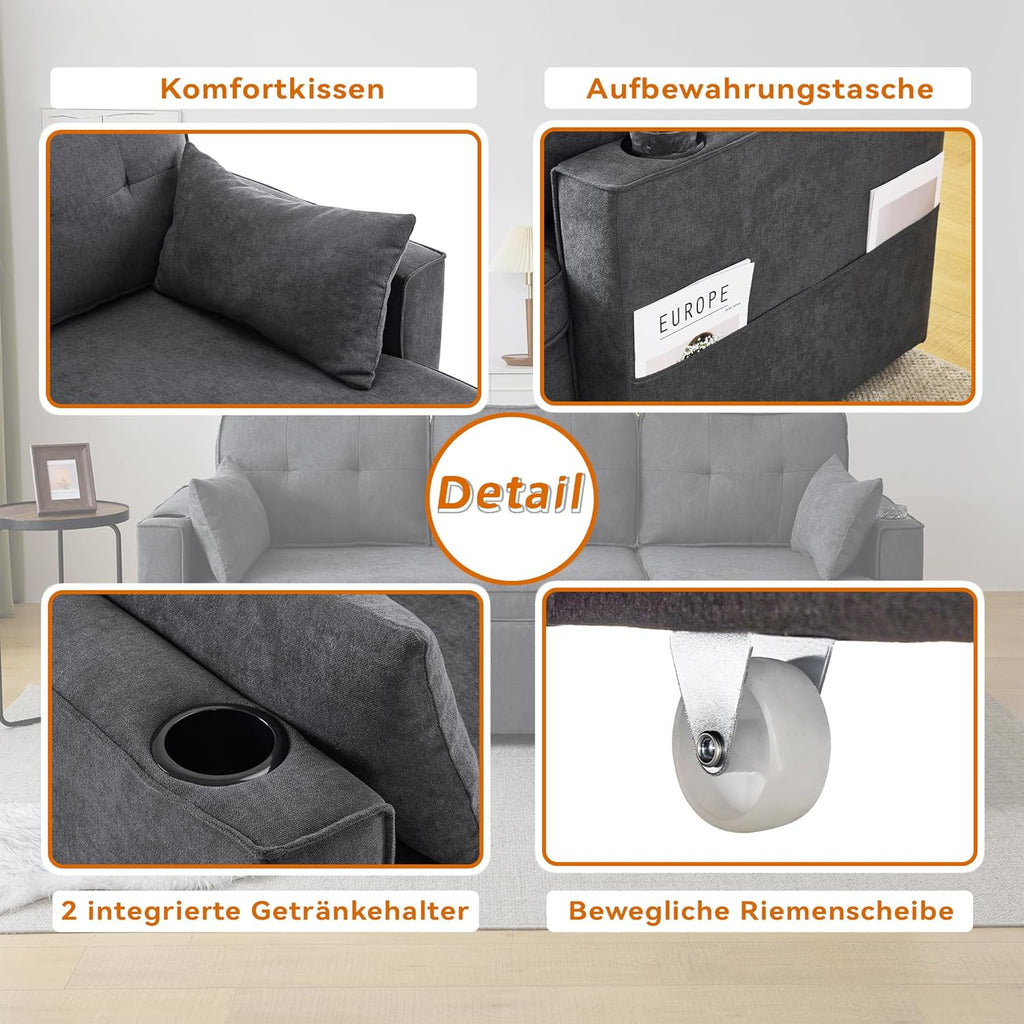 Sofá Cama 3 plazas con Portavasos y Bolsa Pasamanos Lateral, Sofá en Forma de L, Intercambiable a la Derecha y a la Izquierda, Gris