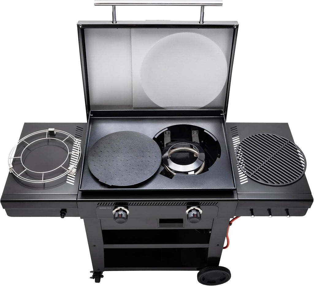 Char-Broil Barbacoa de Gas Versa-Tile, Plancha a Gas de 2 Zonas, Superficie de Cocción: 70 x 50 cm, Sistema de Módulos 3 en 1: Plancha, Parrilla y Horno para Pizza