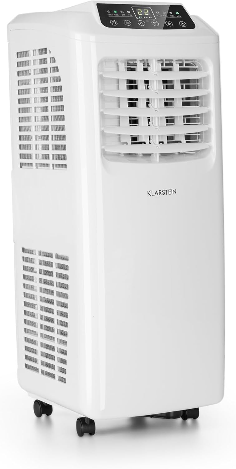 Klarstein Aire Acondicionado Portatil y Silencioso, 4 en 1 Enfriador de Aire para Casas y Oficinas con Modo Noche, Con Mando y Deshumidificador, Aires Acondicionados Bajo Consumo 7,000 BTU Blanco
