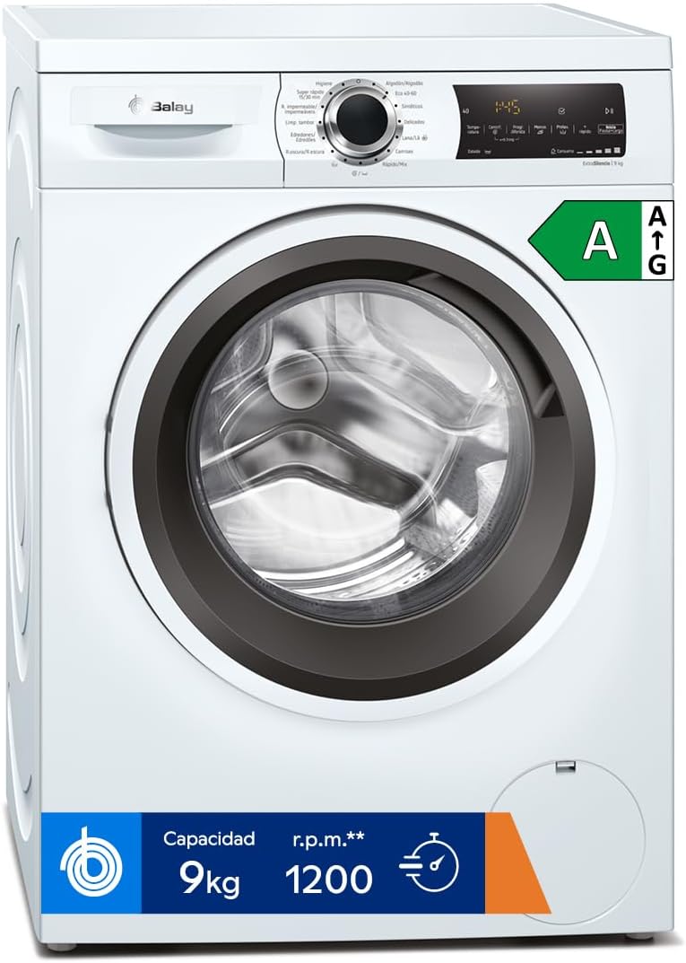 Balay - Lavadora, libre instalación, 9 kg, Programa Super rápido y Rápido/mix, Blanco, 3TS993BP, entrada estándar