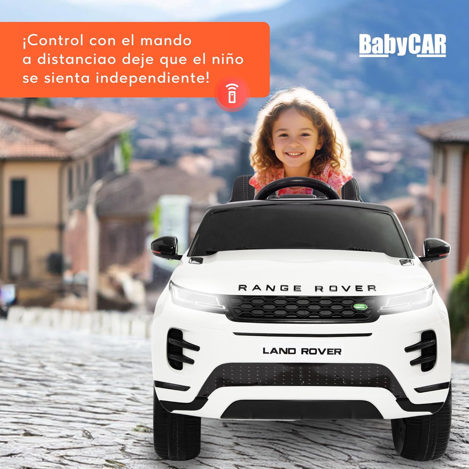 BabyCar Range Rover | Coche electrico para niños 12V con 2 Motores 35W | Coche Bateria con Mando Niño, Asiento de Piel, Puertas abatibles, MP4/USB | Licencia Oficial | Blanco