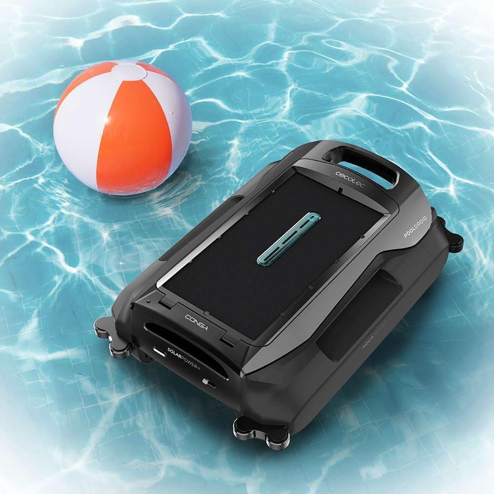 Cecotec Robot Limpiapiscinas para Superficie y Línea de Flotación Conga Pooldroid AquaSkater. Carga Solar, Autonomía 16h, Cesta de 4,5L y un Filtro de 187,5μm, Navegación Sensores Ultrasónicos