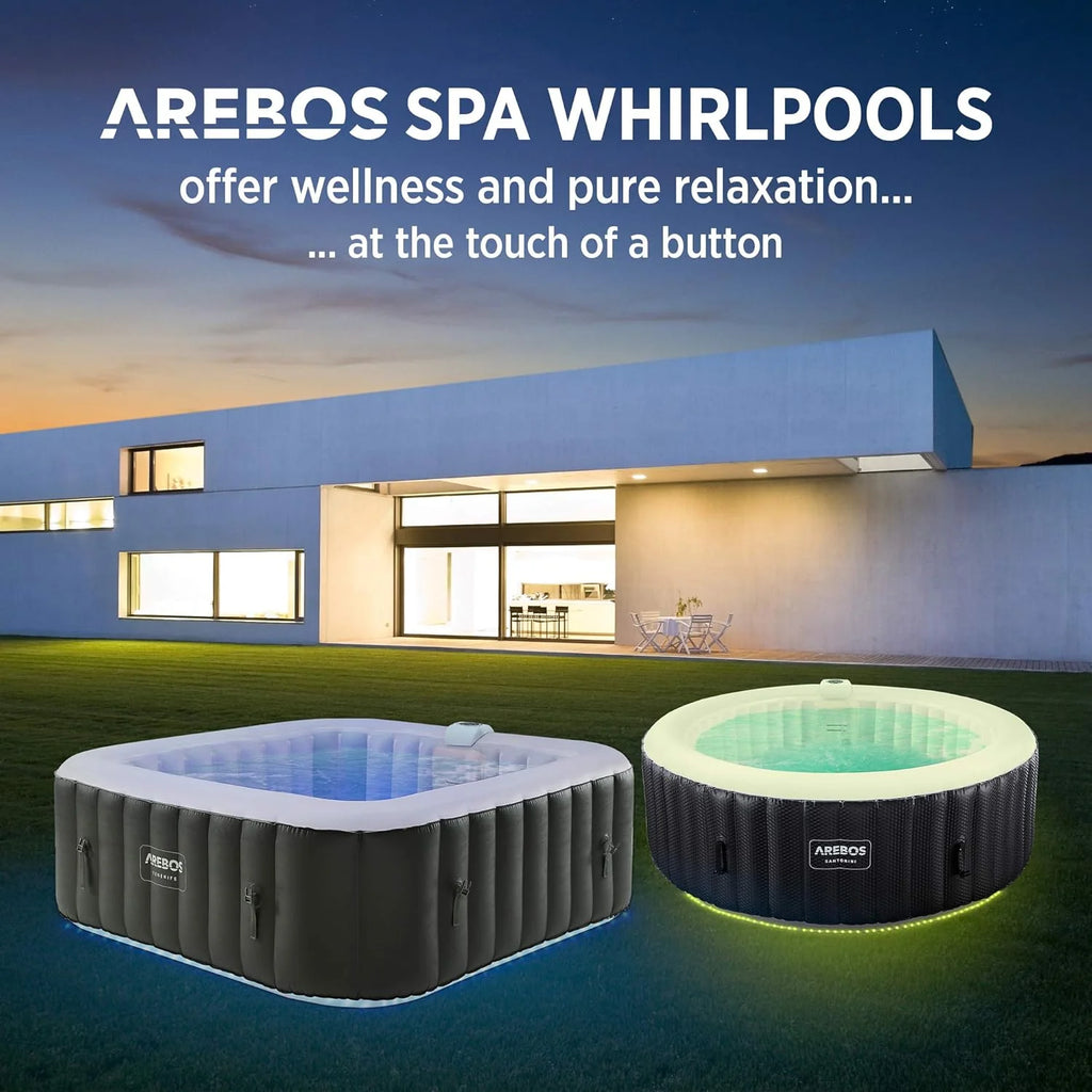 Arebos Whirlpool Inflatable Spa | Hot Tub | 185 x 185 cm | for 6 People | LED Luminous Band | 130 Massage Jets | 910 Litres | Includes Cover | Bubble Massage and Wellness