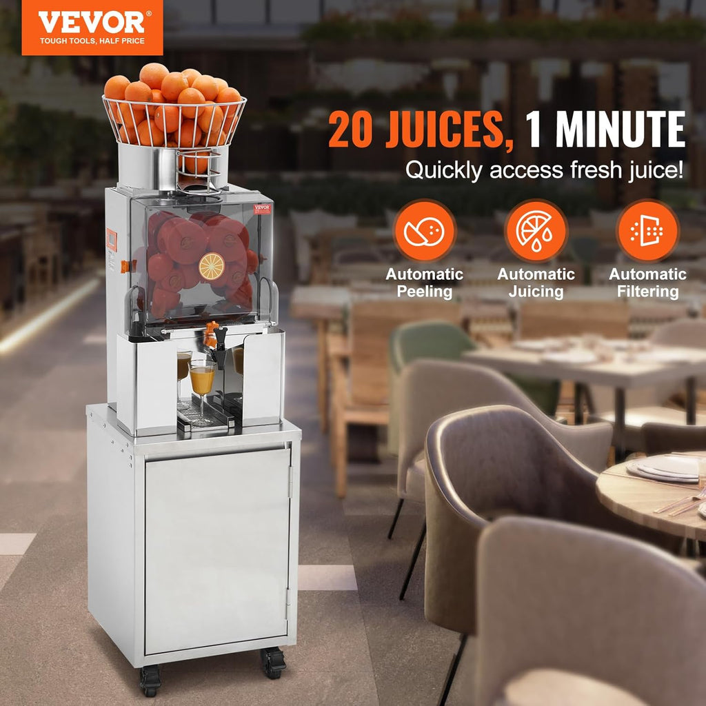 VEVOR Exprimidor de Cítricos Eléctrico 120 W Extractor de Zumo de Naranja Comercial Automático con Filtro Extraíble Cubo de Recolección de Cáscaras y Grifo para Restaurantes, Cafeterías, Fruterías