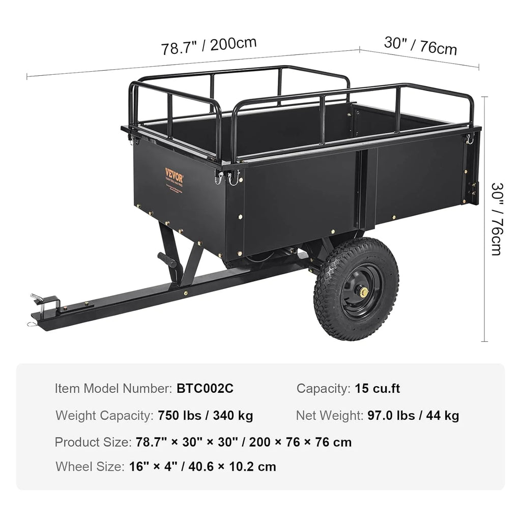 VEVOR Dump Trailer Load Capacity 340kg Heavy Duty Garden Utility Trailer with Removable Sides 0.4m³ Dump Transport Cart for Tractor, Lawn Mower, ATV, 200x66x76cm
