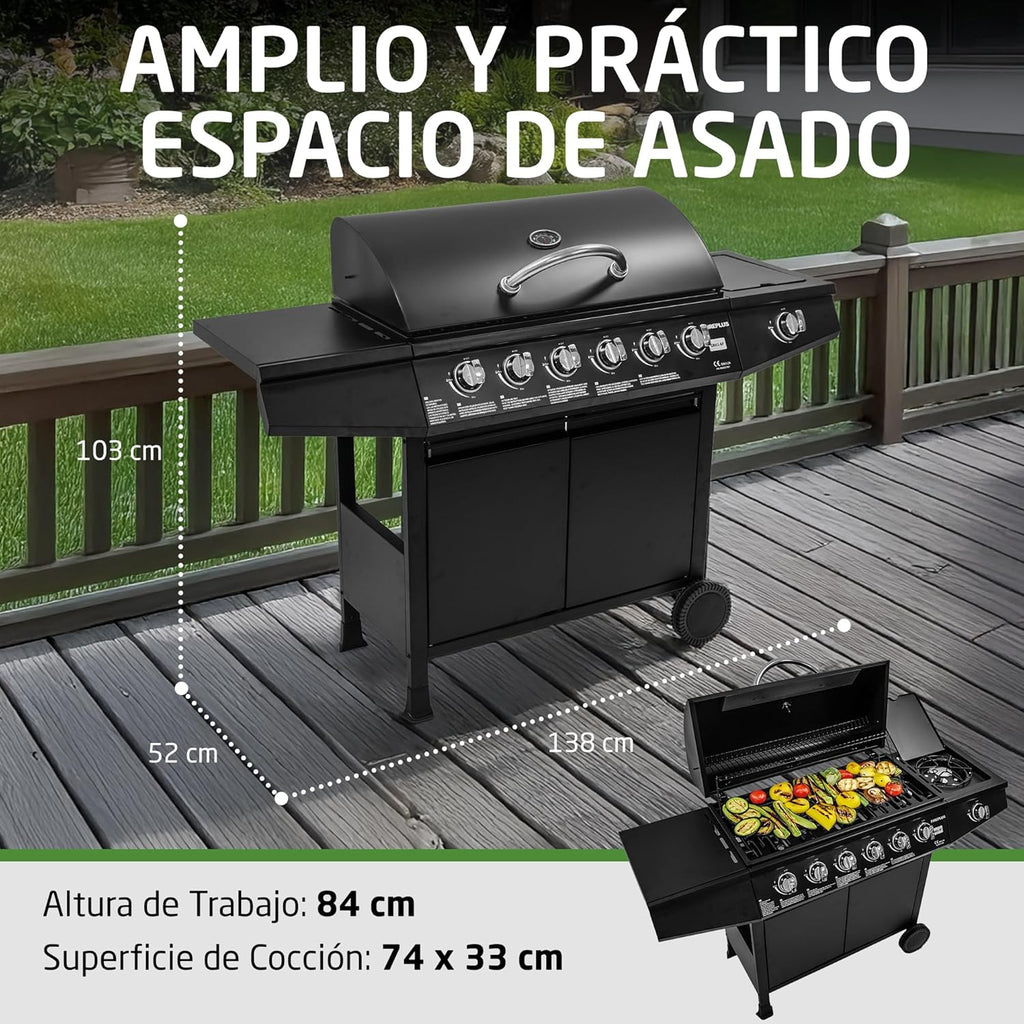 Amig - Barbacoa de gas Fireplus 6+1 de 12,9 kW - Acero inoxidable Negro - Parrilla con ruedas Modelo GRILL-6F - Barbacoa XXL con carro y termómetro - 138x52x103 cm - 7 quemadores y Bandeja lateral
