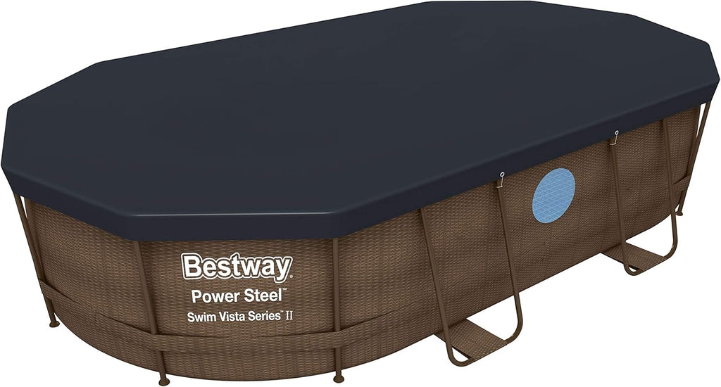 BESTWAY - Piscina Desmontable Tubular Power Steel 427x250x100 cm Depuradora Cartucho 2.006 l/h Escalera y Cobertor Diseño Rattan