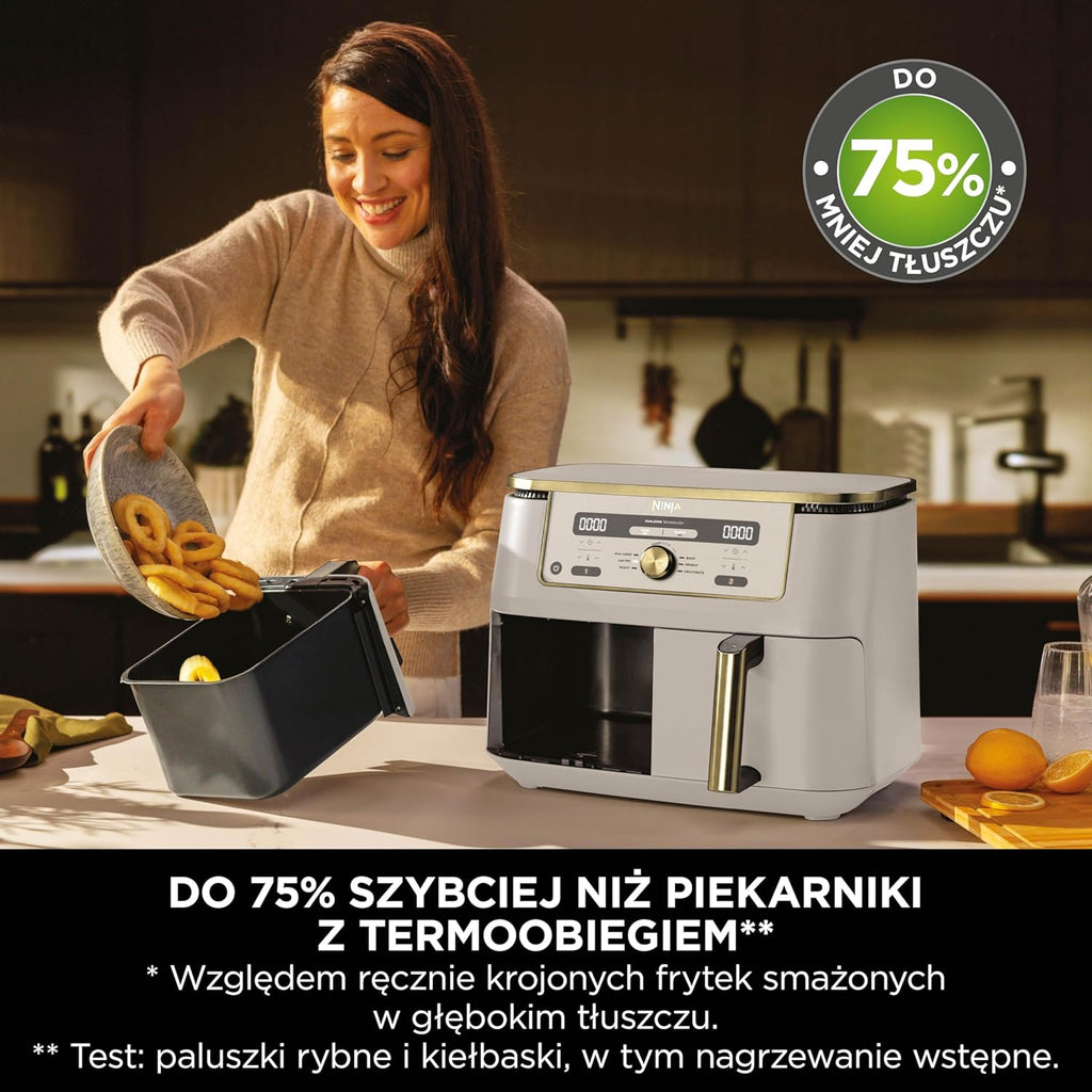 Ninja MAX Dwustrefowa frytkownica, 2 szuflady, 9,5 l, zero oleju, Air Fry, Max Crisp, Roast, Bake, Reheat, Dehydrate, nieprzywierające kosze do mycia w zmywarce, Złoty odcień kamienia, DZ400EUSTGD