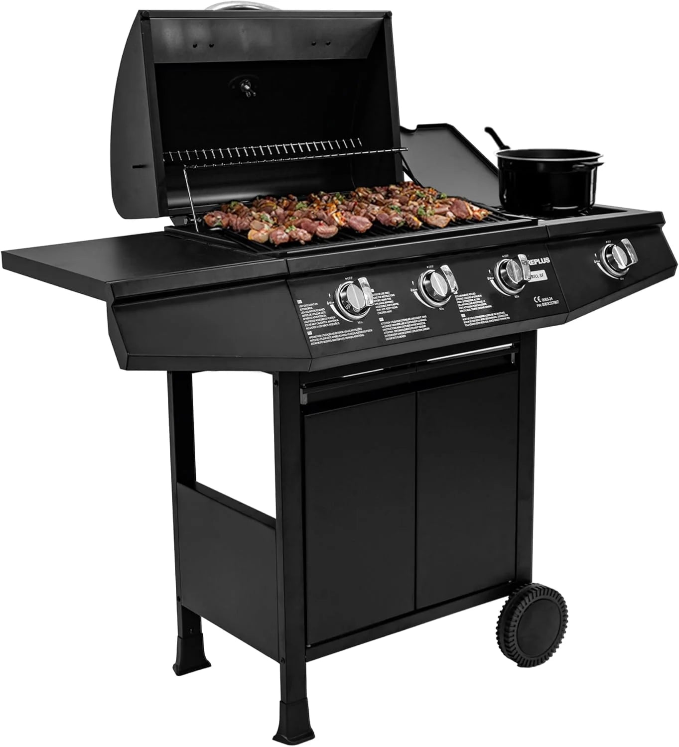 Amig - Fireplus 3+1 8.4 kW gas barbecue - Black stainless steel - Grill with wheels Model GRILL-3F - XXL barbecue with trolley and thermometer - 117x52x103cm - 4 burners and side tray