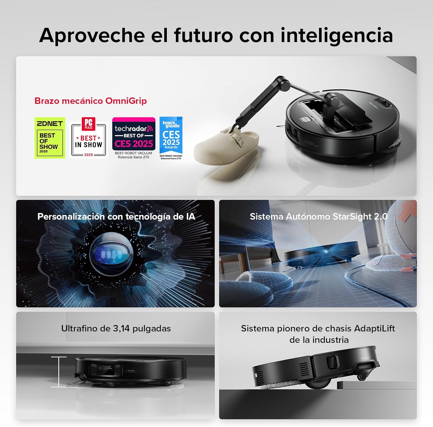 roborock Saros Z70 Robot Aspirador con Brazo Mecánico OmniGrip Plegable de 5 Ejes, Succión de 22000 Pa, Doble Sistema antienredos, Diseño Ultrafino de 7,98 cm y Evitar 108 Tipos de Obustáculos, Negro