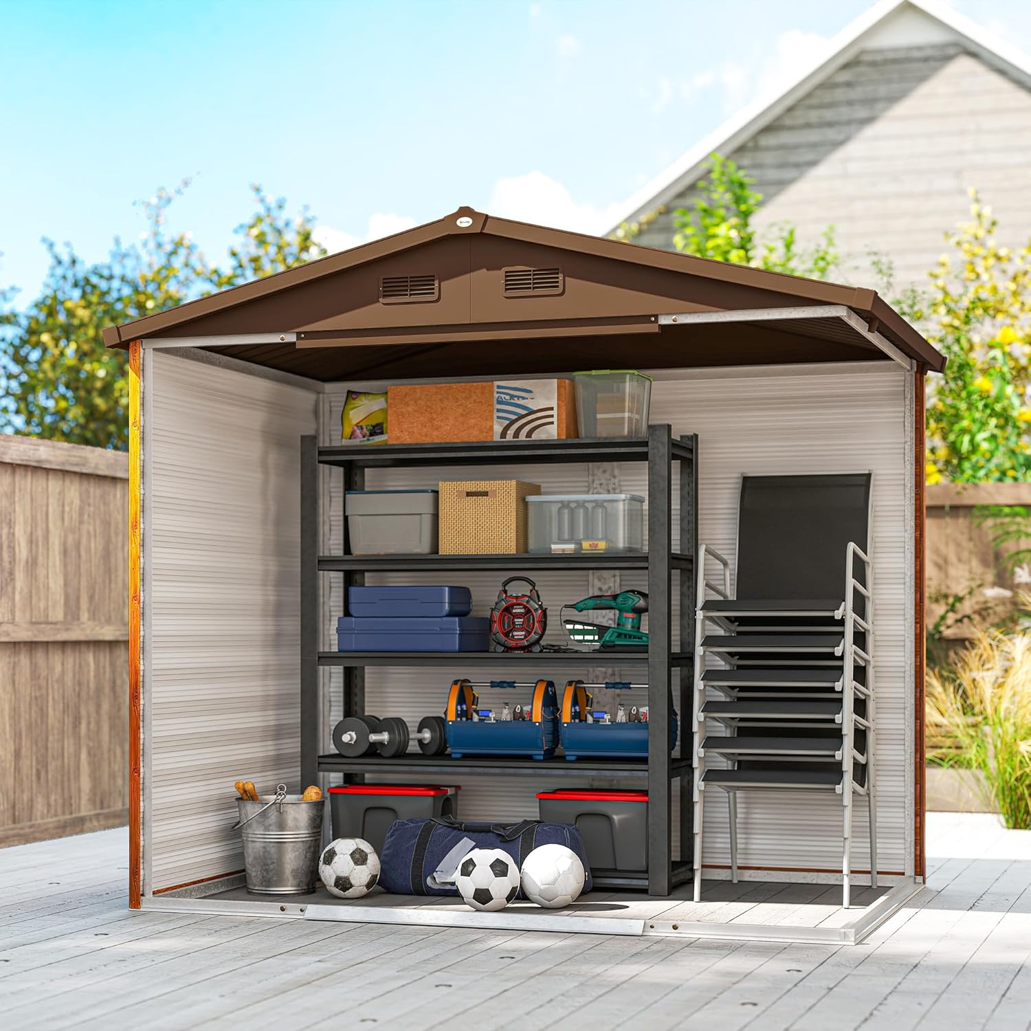 Outsunny Caseta de Jardín Exterior 3 m² 235,7x152x208,7 cm Cobertizo de Jardín Exterior Metálica con 2 Puertas Corredizas y 4 Ventanas para Almacenamiento de Herramientas Efecto Madera Natural y Café