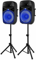Vonyx VPS152A Powered Speakers Pack of 2 1000W Portable Active/Passive Bluetooth Speakers, 15 Inch, Wired Microphone, Remote Control, Tripods, MP3 Player with USB/SD, LEDs