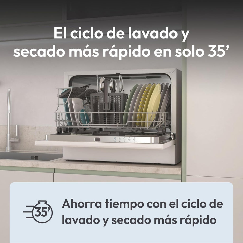 Candy CP 6E51LW Lavavajillas Pequeño y Compacto, 6 Servicios, Digital, 51DBA, 5 Ciclos, Media Carga, Inicio Diferido 3-6-9 horas, Indicador Sal y Abrillantador, Indicador Fin de Ciclo, Blanco