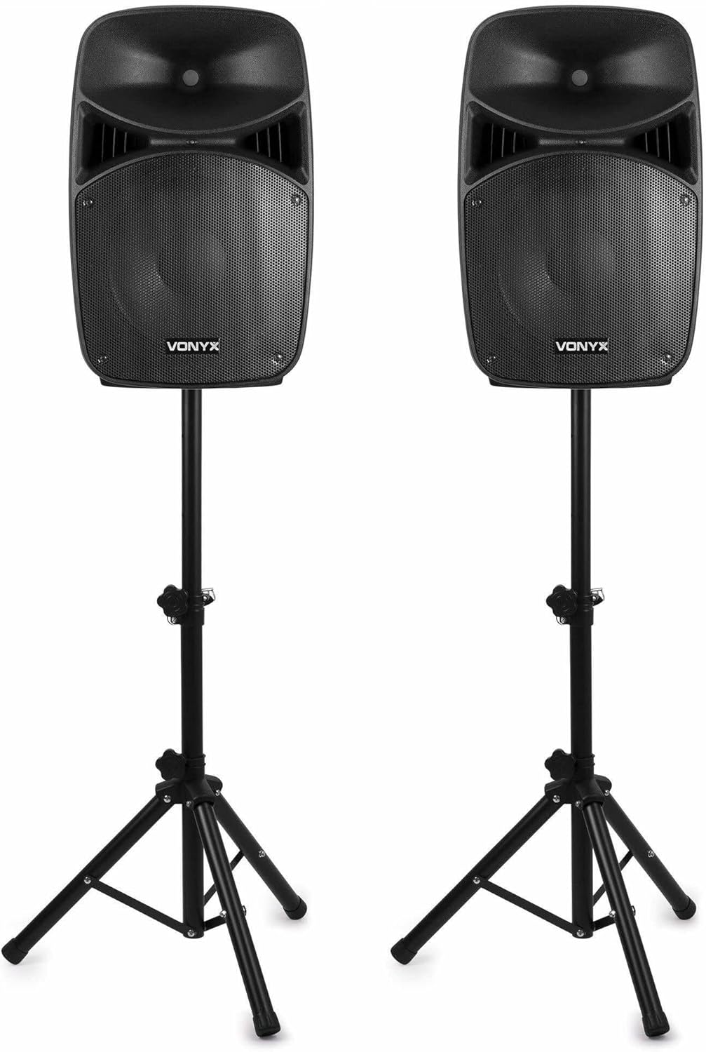 Vonyx VPS152A Powered Speakers Pack of 2 1000W Portable Active/Passive Bluetooth Speakers, 15 Inch, Wired Microphone, Remote Control, Tripods, MP3 Player with USB/SD, LEDs