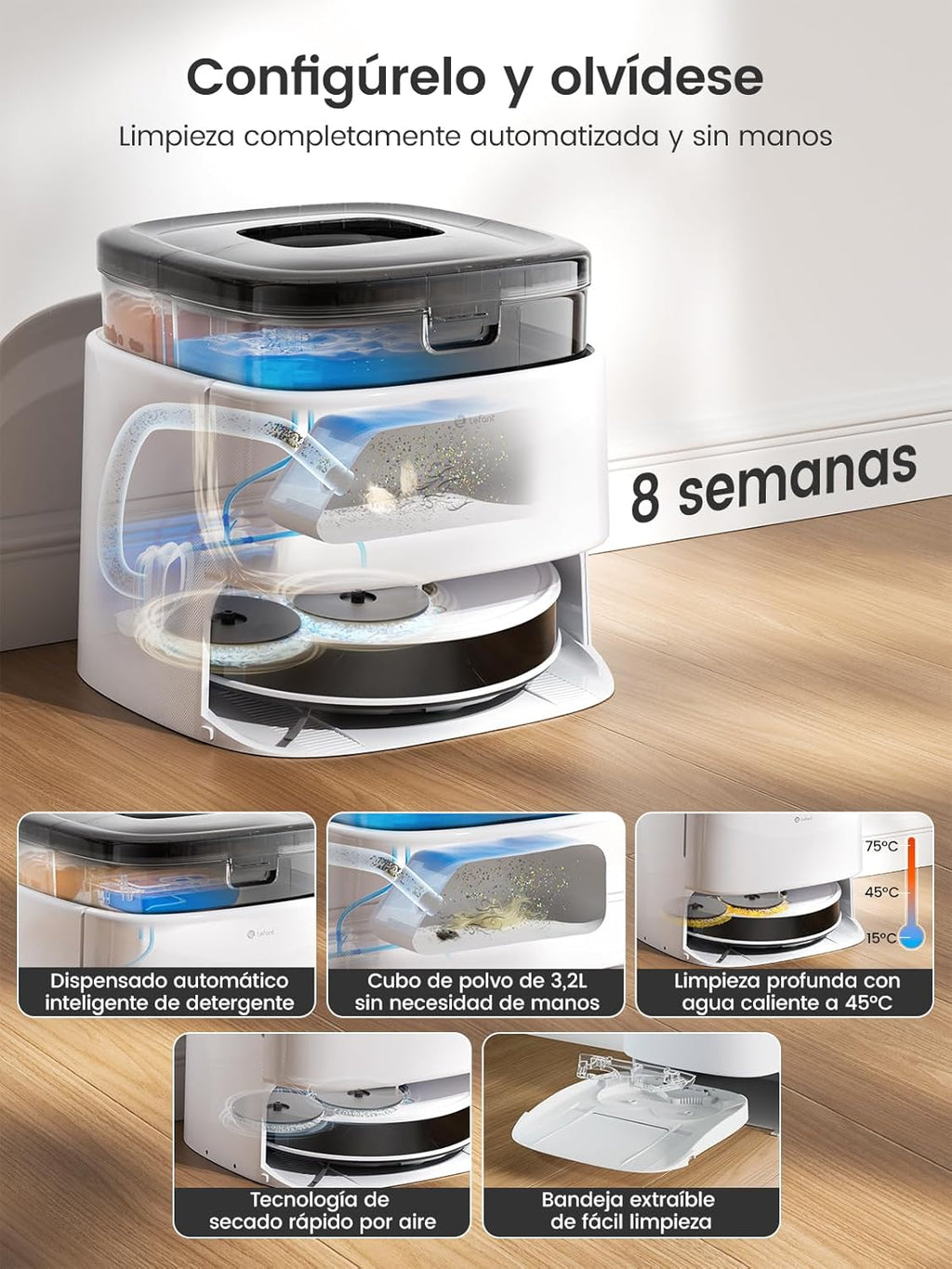Lefant M3 Robot Aspirador y Friegasuelos con Base de Autovaciado, Navegación Láser dToF, Mapeo Inteligente, Evitación Obstáculos PSD 190°, 12000Pa, Autonomía 220mins, WiFi/Alexa/APP/i Watch, 2,4G & 5G