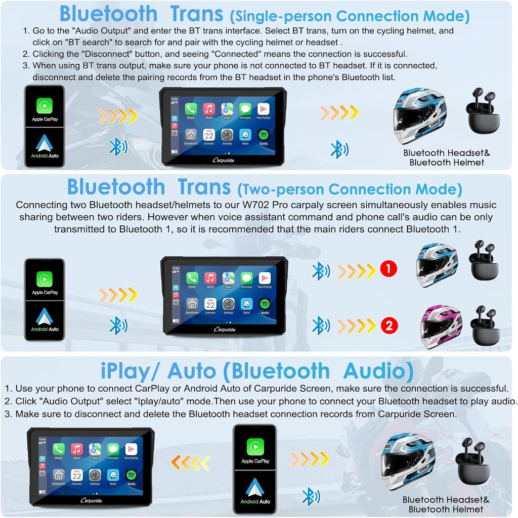 Carpuride W702 Pro Motocicleta Pantalla Carplay con Intercomunicador Función, Inalámbrico CarPlay y Android Auto, Portátil 7 Pulgadas Impermeable Pantalla Táctil, Dual Bluetooth, Navegación, Brújula.