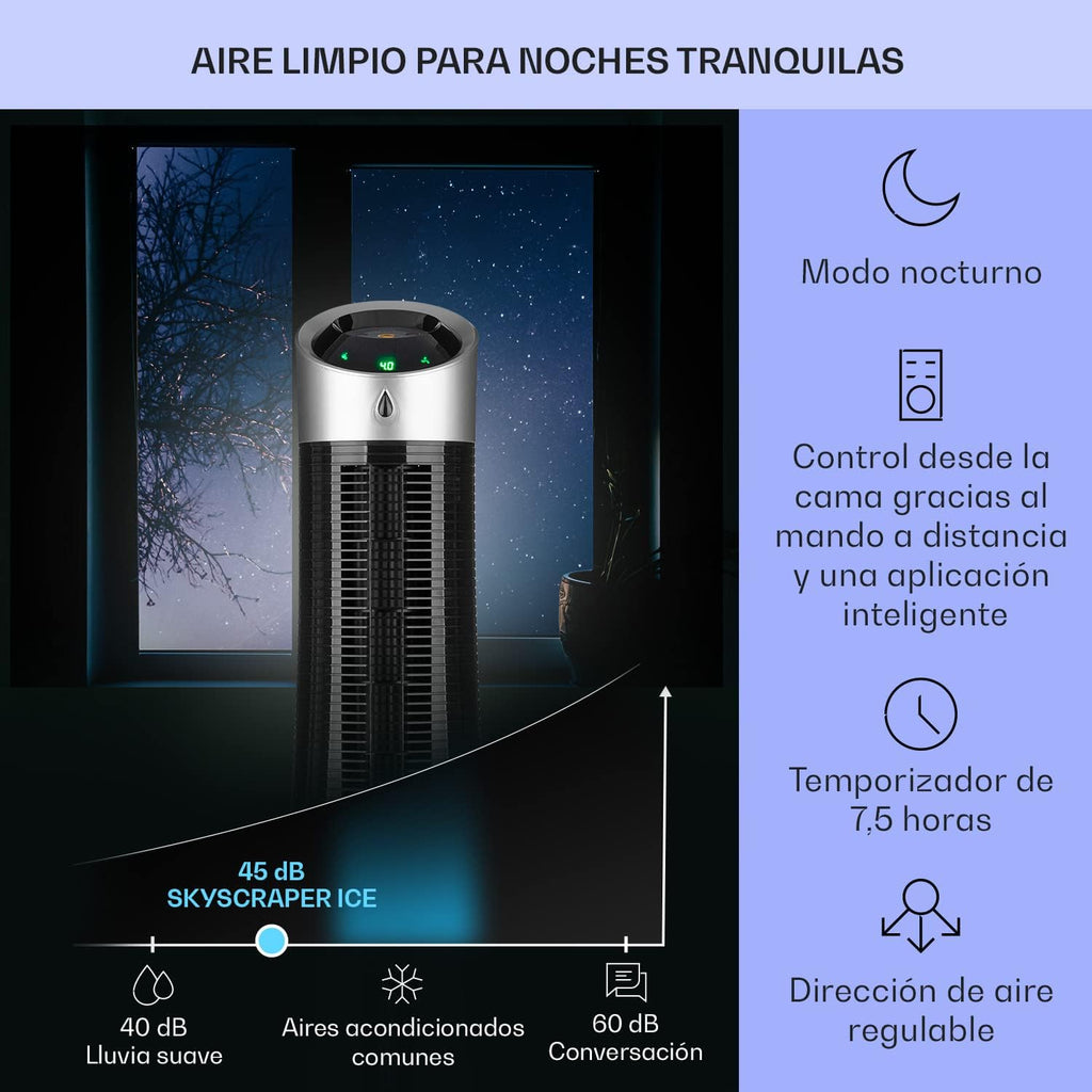 Klarstein Skyscraper Ice Smart Climatizador Evaporativo – 4 en 1: Ventilador, Enfriador, Purificador & Humidificador, 210 m³/h, Control App & Alexa, Depósito 6L, Oscilación, Ionizador, Negro