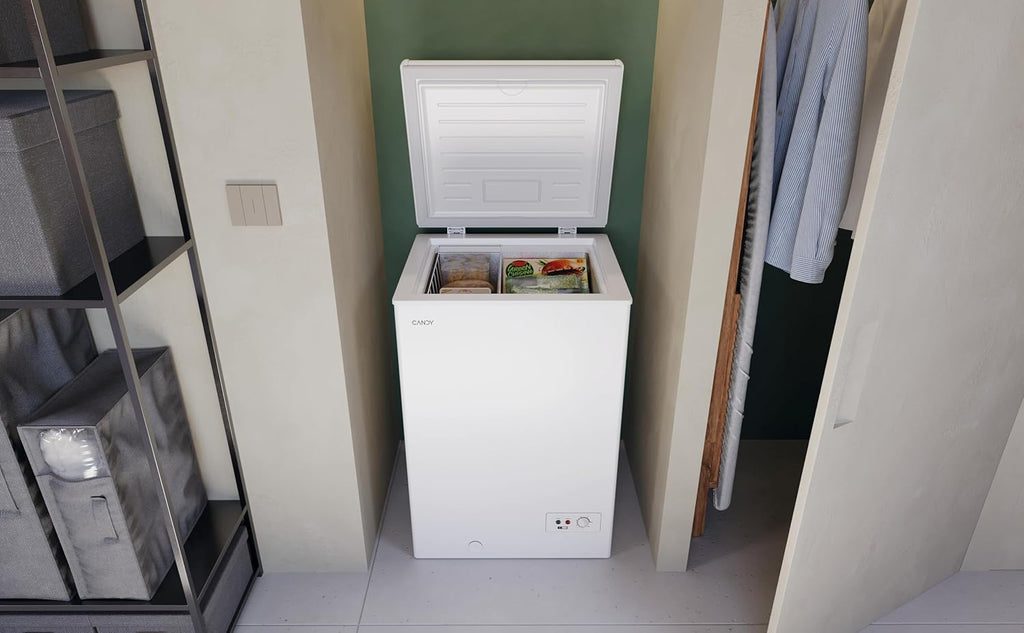 Candy CCHH 100E, Congelador Arcón Horizontal, Ancho 55CM, 97L, Tecnología Estática, 1 Cesto, Control Electrónico Externo, Indicador de Temperatura, Alarma Aumento de Temperatura, 39DB, Blanco