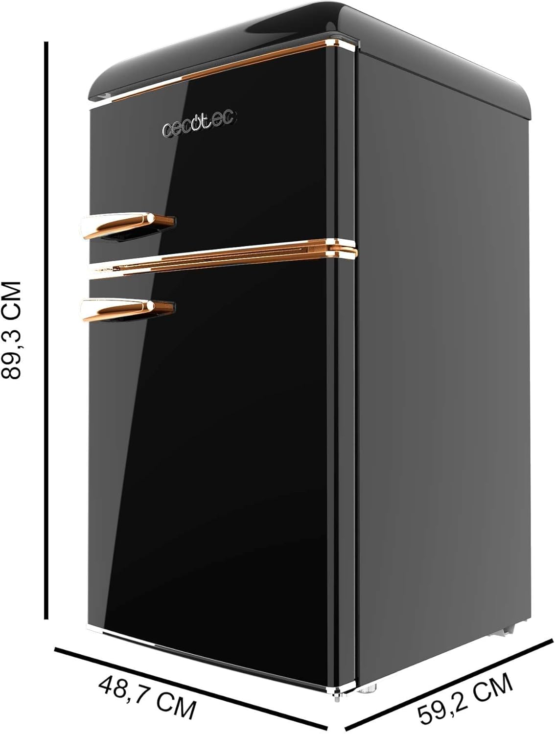 Cecotec Nevera Pequeña Frigorífico 2 Puertas Retro 86L Bolero CoolMarket 2D Origin 86 Black E. 89,3cm de Alto y 48,7cm de Ancho, Clase Energética E, Icebox, Luz Interior y Tirador Cromado, Negro