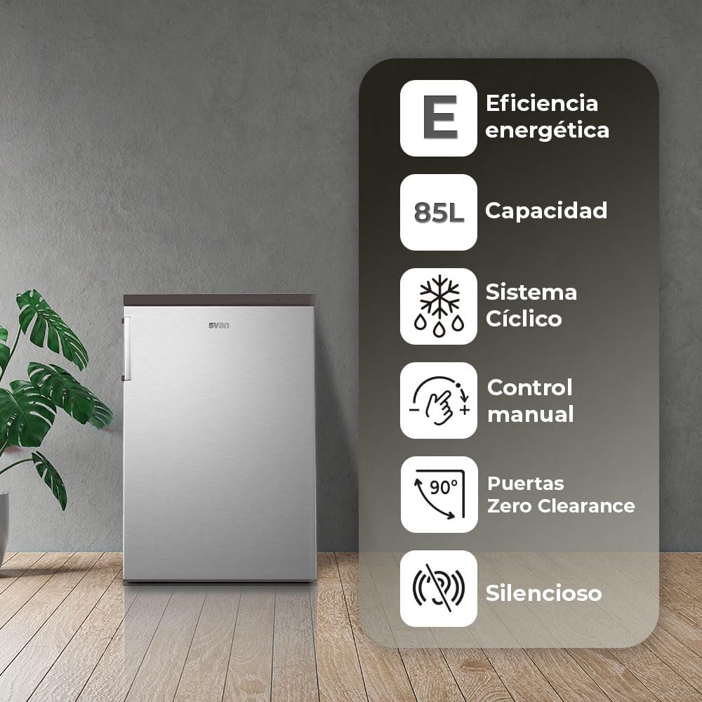 Svan Congelador vertical Inox SCV855500EX. Capacidad 85 Litros, Puerta Reversible, Bajo nivel Sonoro, Eficiencia Energética Clase E