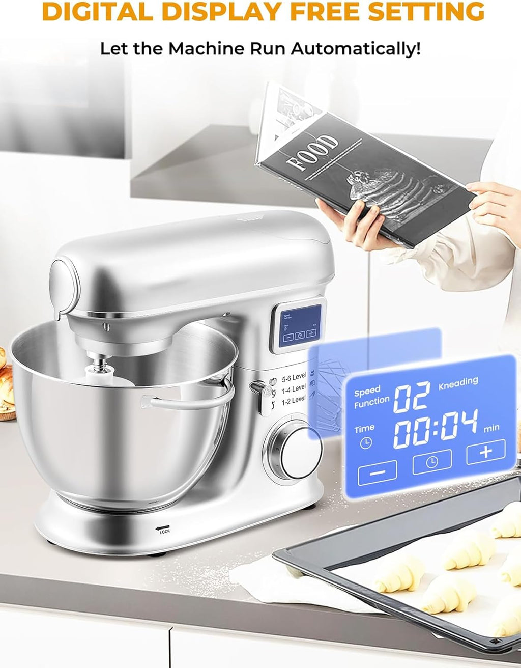 Batidora de pie de 8 l - Batidora eléctrica de cocina con pantalla LED, 6 velocidades, cabezal inclinable, recipiente de acero inoxidable, incluye picadora de carne, gancho para masa, batido