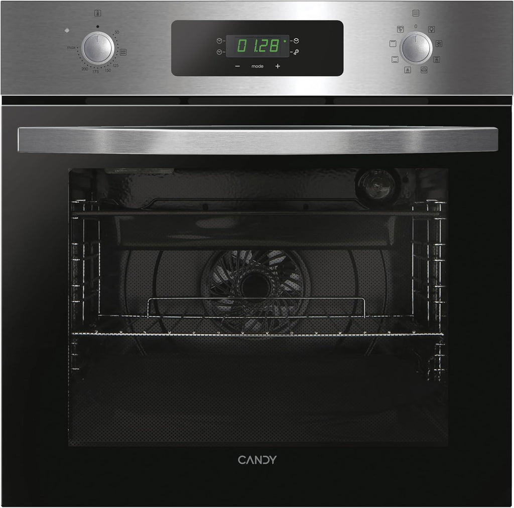 Candy FIDCP X625 L, Horno Multifunción, 70L, Bandeja y Rejilla, Limpieza Aquactiva, Convección + Ventilador radial, 8 Funciones, Display Timer Touch, Mandos Push&Pull, Puerta 2 Cristales, Inox y Negro