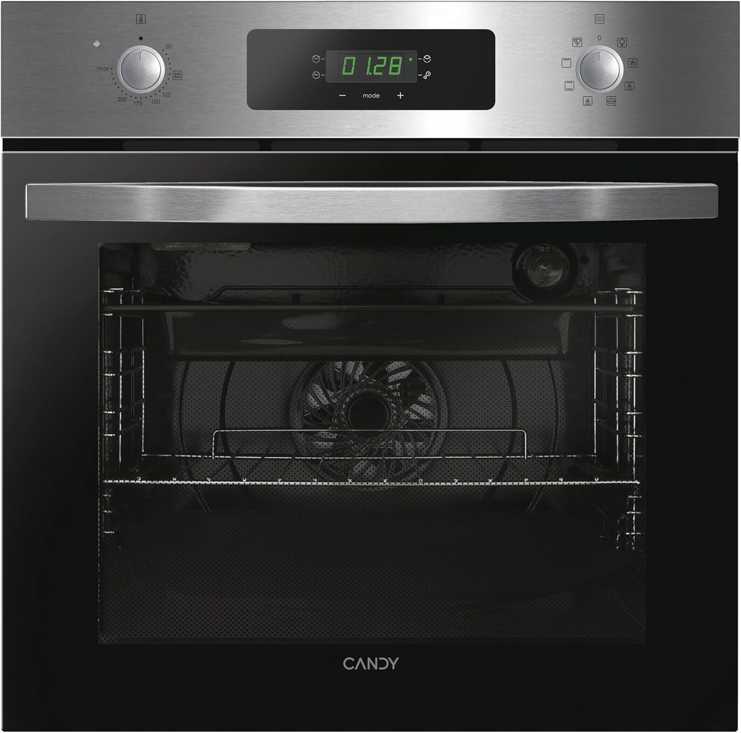 Candy FIDCP X625 L, Horno Multifunción, 70L, Bandeja y Rejilla, Limpieza Aquactiva, Convección + Ventilador radial, 8 Funciones, Display Timer Touch, Mandos Push&Pull, Puerta 2 Cristales, Inox y Negro